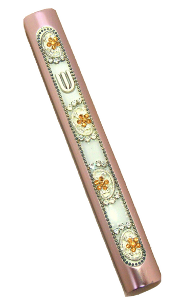 Judaica Mezuzah Case Pink Aluminum Clear Gold Crystals Closed Back 10 cm