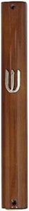 Judaica Mezuzah Case Semi Round Brown Wood Decorative Metal SHIN 12 cm