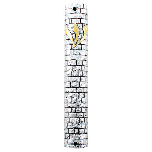 Judaica Mezuzah Case Silver Colored Polyresin Brick Wall Shape Gold Shin 12 cm