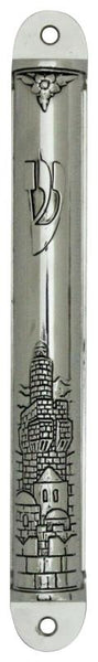 Judaica Mezuzah Case Silver Metal Jerusalem View SHIN Engraved Decorated 12 cm