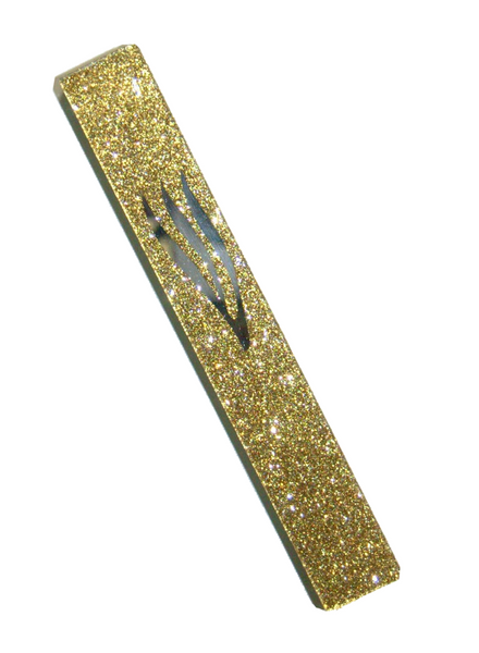 Judaica Mezuzah Case Sparkling Gold Glass Mirror Closed Back SHIN 12 cm