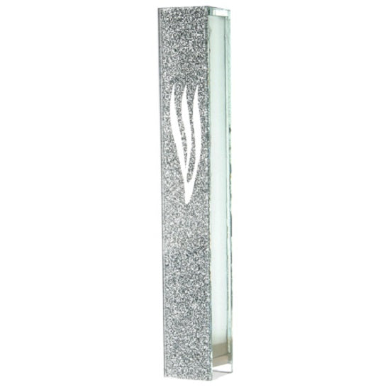 Judaica Mezuzah Case Sparkling Silver Glass Mirror Closed Back SHIN 10 cm