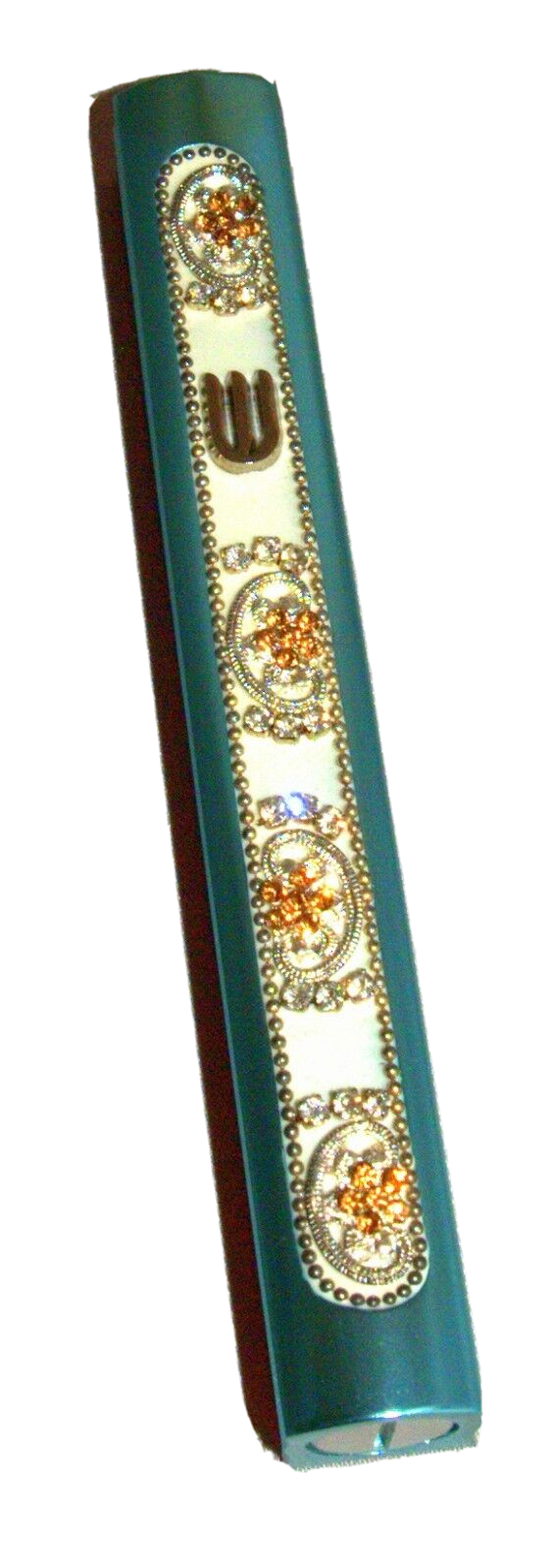 Judaica Mezuzah Case Turquoise Gold Crystals Slim Closed Back Bling 10 cm Scroll