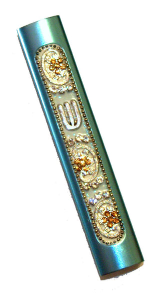 Judaica Mezuzah Case Turquoise Gold Crystals Slim Closed Back Bling 7 cm Scroll