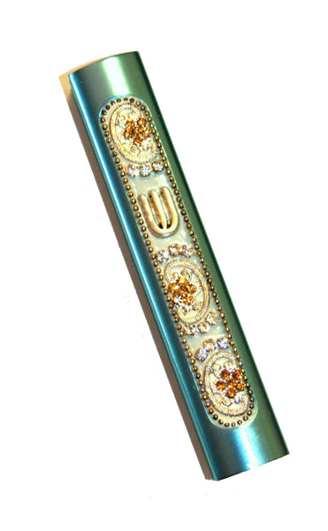 Judaica Mezuzah Case Turquoise Gold Crystals Slim Closed Back Bling 7 cm Scroll