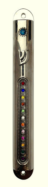 Judaica Mezuzah Case With Inlaid Sparkling Hoshen High Priest Crystals 12 cm