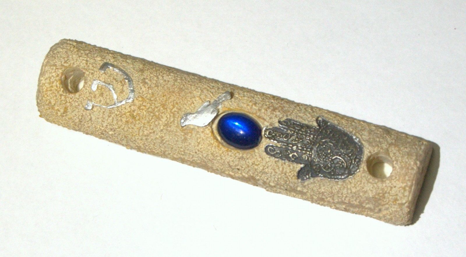 Judaica Mock Stone Mezuzah Case Hamsa Bird Blue Gem Decoration 7 cm Handmade