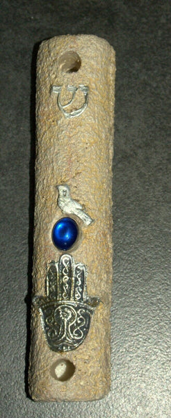 Judaica Mock Stone Mezuzah Case Hamsa Bird Blue Gem Decoration 7 cm Handmade