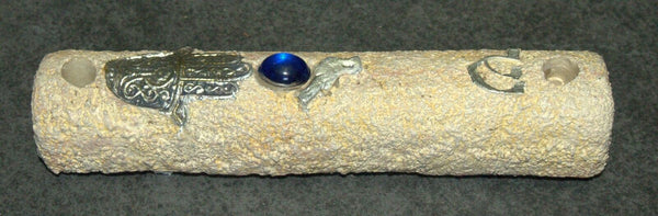 Judaica Mock Stone Mezuzah Case Hamsa Bird Blue Gem Decoration 7 cm Handmade
