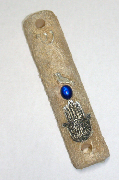 Judaica Mock Stone Mezuzah Case Hamsa Bird Blue Gem Decoration 7 cm Handmade