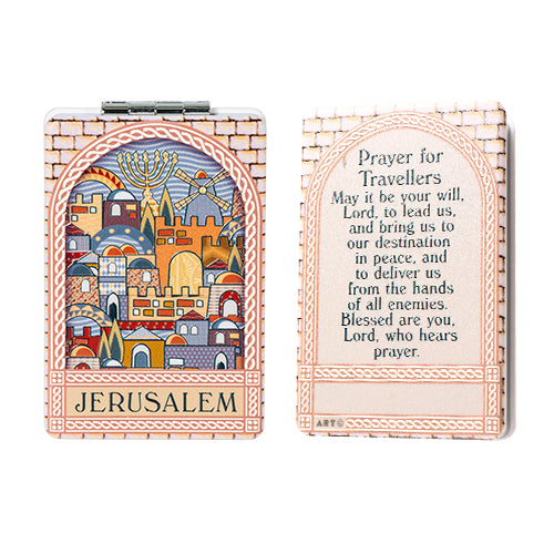 Judaica Rectangle Plastic Pocket Mirror for Tefillin w Jerusalem View