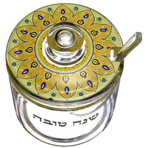 Judaica Rosh Hashanah High Holidays Acrylic Clear Floral Honey Dish Jar w Spoon
