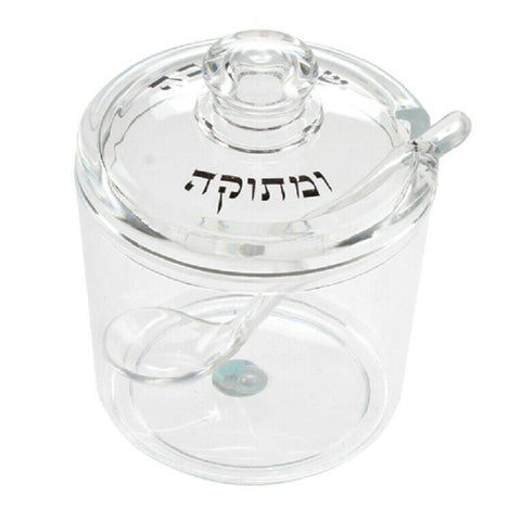 Judaica Rosh Hashanah High Holidays Acrylic Clear Honey Dish Jar w Spoon