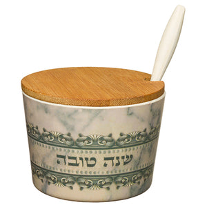 Judaica Rosh Hashanah High Holidays Bamboo Honey Dish Jar w Spoon Oriental Decor