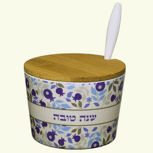 Judaica Rosh Hashanah High Holidays Bamboo Honey Dish Jar w Spoon Pomegranates