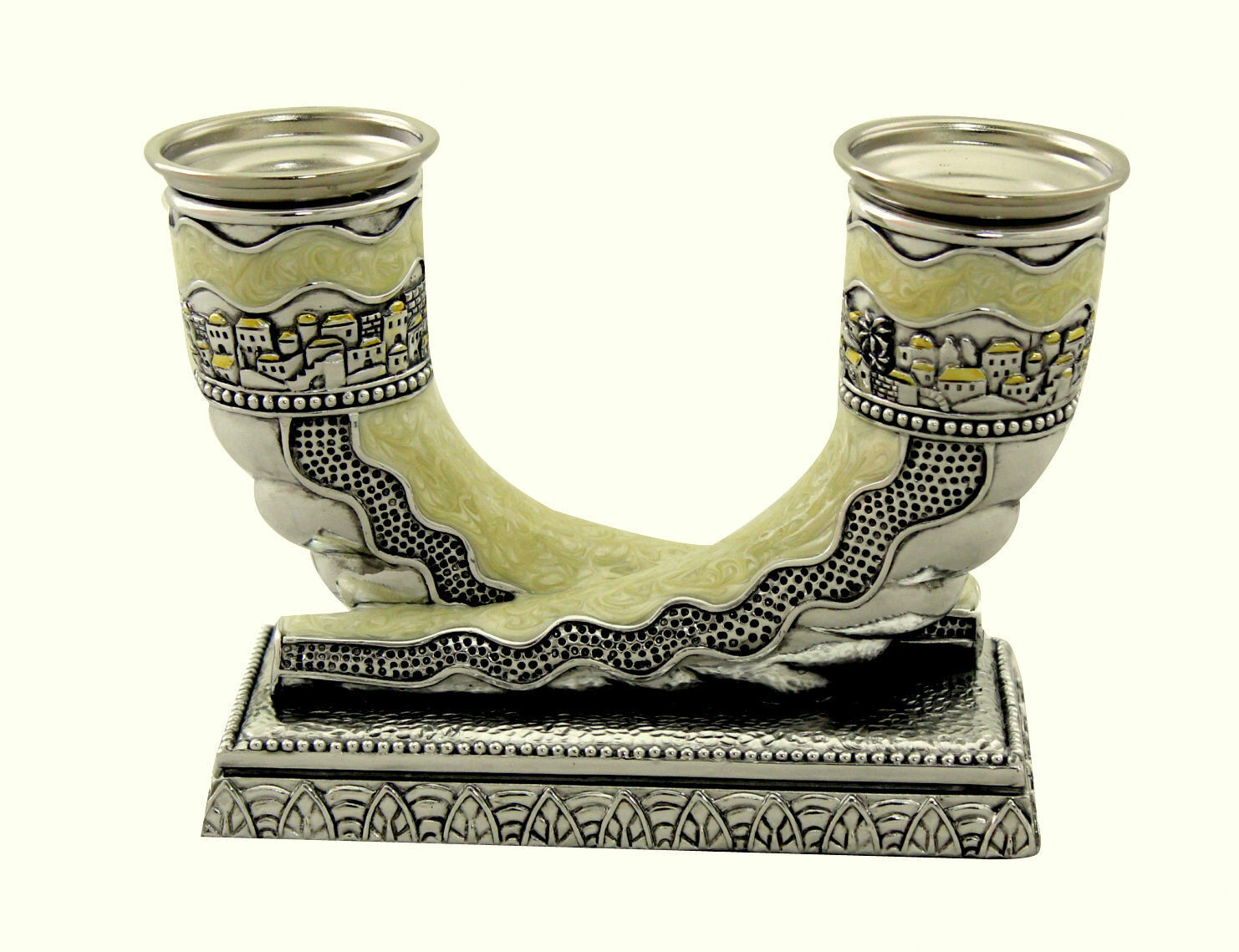 Judaica Silver Plated Enamel Candlestick Holder Shofar Shabbat Holiday Horn