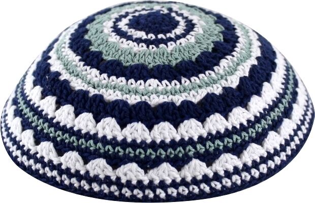 Knitted White Blue Green Crochet Kippah Yamaka Judaica Israel 18 cm Cotton