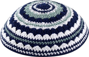 Knitted White Blue Green Crochet Kippah Yamaka Judaica Israel 18 cm Cotton