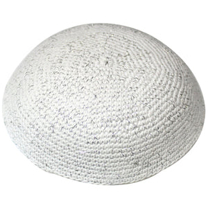 Knitted White Kippah w Silver Fibers Yarmulke Judaica Shabbat Israel 16 cm