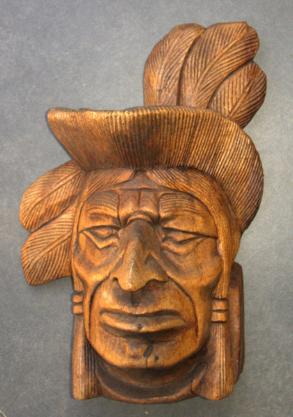 Large Hand Carved Wood Native American Head Statue Figurine Vintage Wall Hang