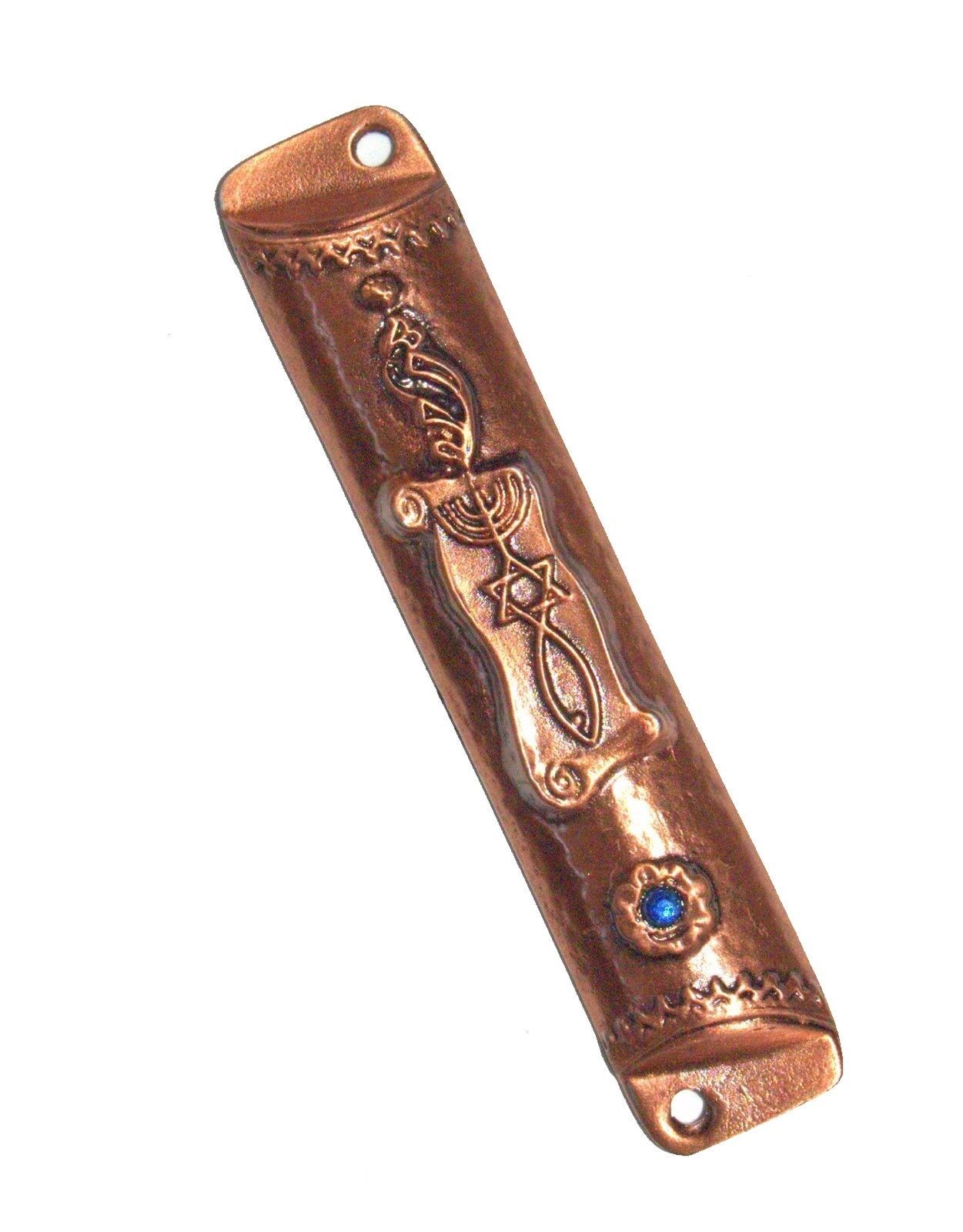 Messianic Seal Mezuzah Case Hammered Copper Blue Stone Christian Symbols 7 cm