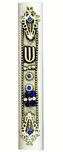 Mezuzah Case Judaica Aluminum Blue Clear Crystals Silver Metal Closed Back 7 cm