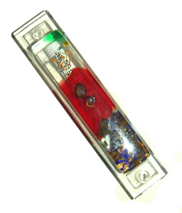 Murano Glass Handmade Mezuzah Case w 6.5 cm Scroll Sparkling Bronze Red