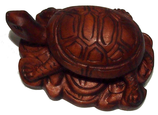 Netsuke Figurine Turtle Resting on Coins Hand Carved Wood Japan Signed