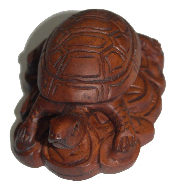 Netsuke Figurine Turtle Resting on Coins Hand Carved Wood Japan Signed