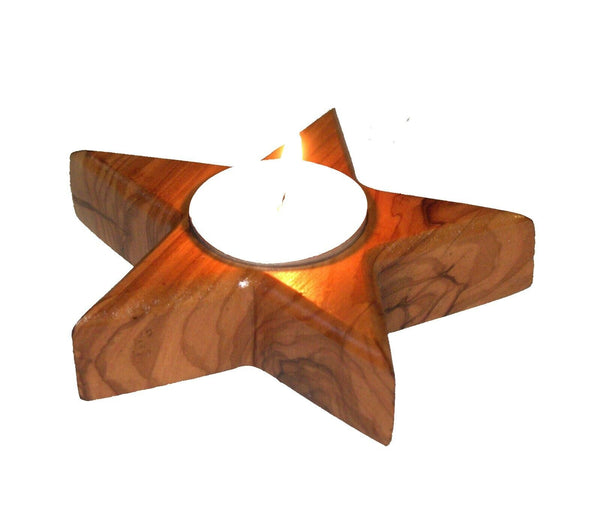 Olive Wood Tea Light Candle Holder Star Shape Single