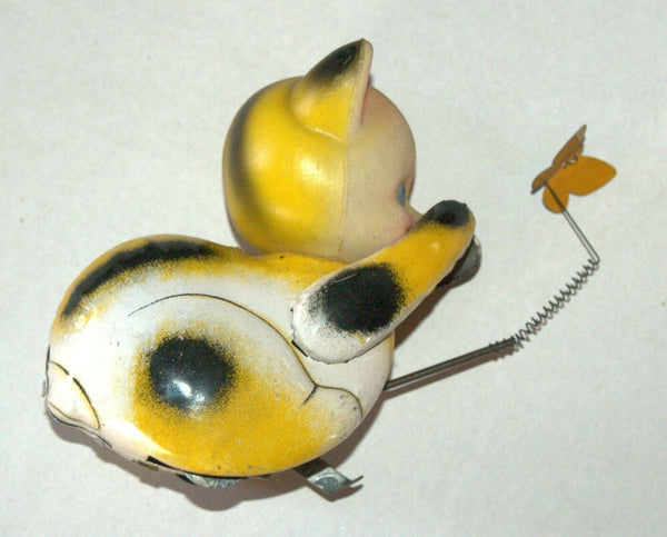 Vintage Tin Cat Butterfly Catcher Metal Toy Wind Up Spring MASUDAYA Japan 1960's