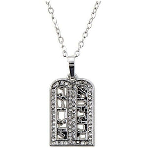 10 Commandments Clear Crystals Silver Rhodium Pendant Necklace Judaica Kabbalah
