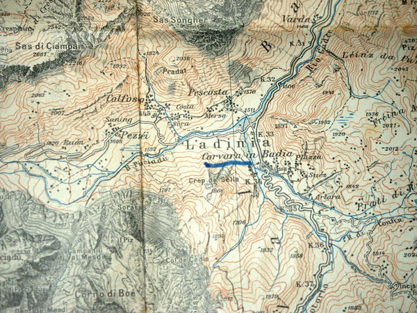 Antique 1930's Italy Map TCI Carta Italia Val Gardena Cantinaccio Marmolada