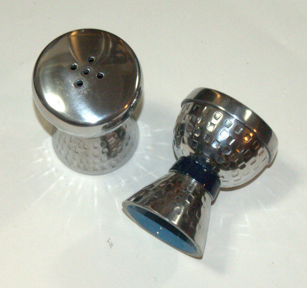 Salt and Pepper Shaker Set Anodized Aluminum Hammered Blue Clasp Enamel