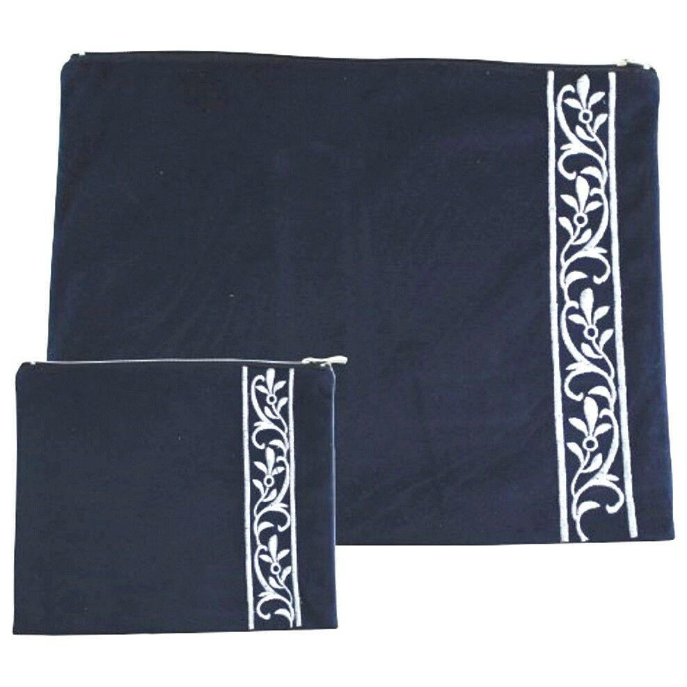 Tallit Tefillin Bag Case Set Plush Velvet Dark Blue Silver Embroidery Judaica