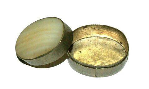 Vintage Small Trinket Snuff Pill Oval Box Brass Mother of Pearl Lid