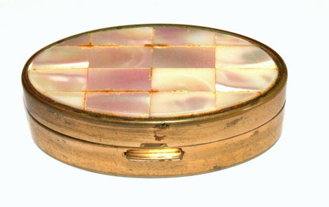 Vintage Max Factor Trinket Snuff Pill Lipstick Box Brass Mother of Pearl