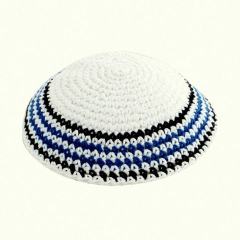 White Blue Black Knitted Kippah Striped Yarmulke Yamaka Judaica Israel 17 cm