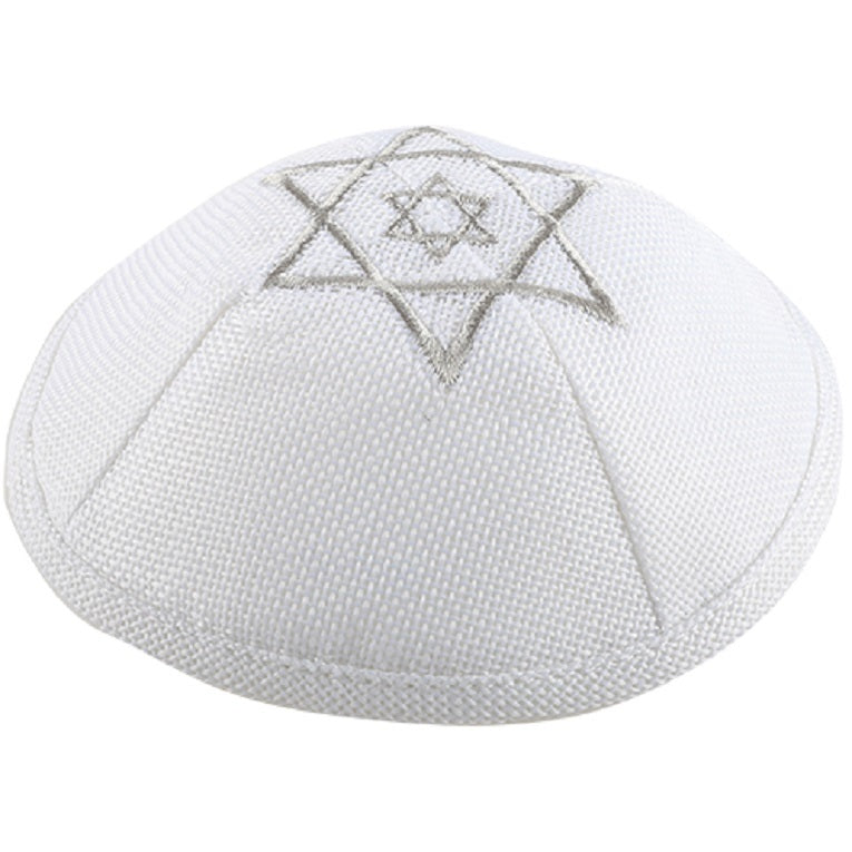 White Linen Kippah Silver David Star Embroidery w Pin Spot Judaica 17 cm Israel