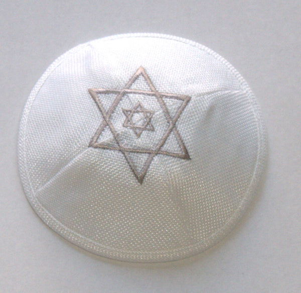 White Linen Kippah Silver David Star Embroidery w Pin Spot Judaica 17 cm Israel