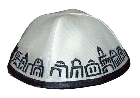 White Satin Blue Jerusalem Embroidery Kippah Yarmulke Yamaka 20 cm