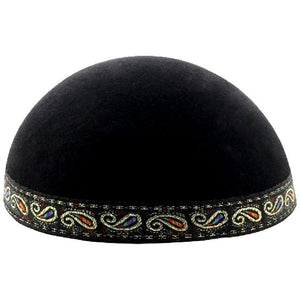 Yemenite Kippah Skull Cap Black Ethnic Rim Israel 23" Opening Rigid Felt